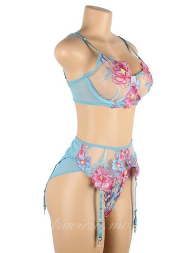Floral Embroidery Underwire Garter Lingerie Set