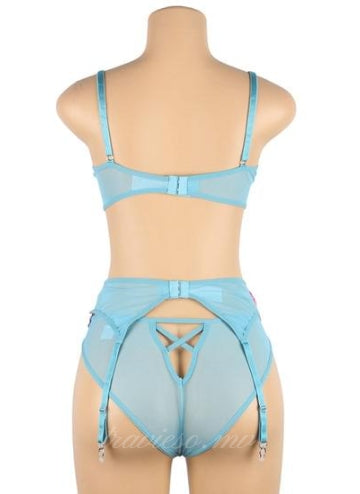 Floral Embroidery Underwire Garter Lingerie Set