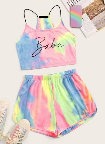 Tie Dye Letter Cami Top & Track Shorts Set