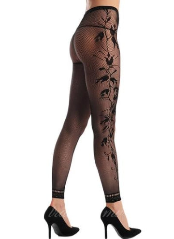 Fishnet Floral Opaque Footless Tights Pantyhose