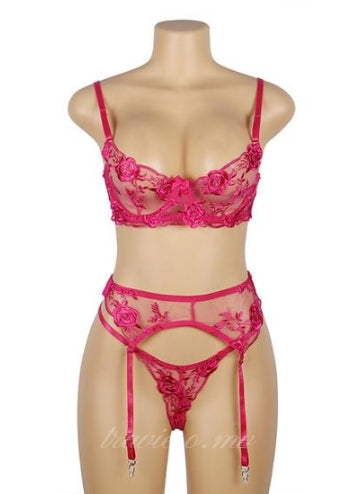 Pink Floral Embroidery Garter Lingerie Set