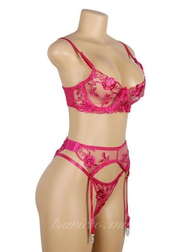Pink Floral Embroidery Garter Lingerie Set