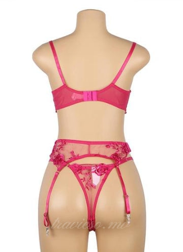Pink Floral Embroidery Garter Lingerie Set