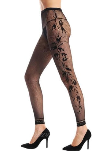 Fishnet Floral Opaque Footless Tights Pantyhose