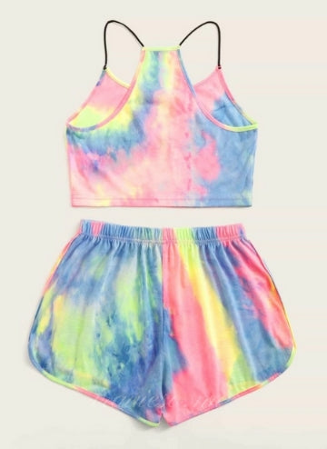 Tie Dye Letter Cami Top & Track Shorts Set