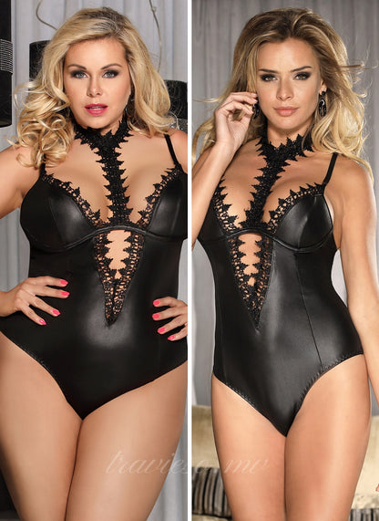 Leather Exquisite Lace Choker Neck Teddy