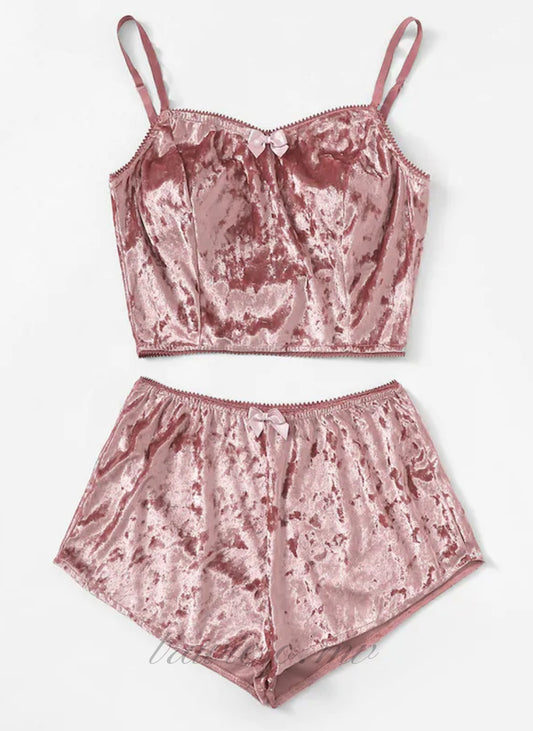 Bow Detail Velvet Cami Pajama Set