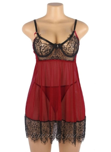 Sexy Eyelash Back split Babydoll Set With Underwire