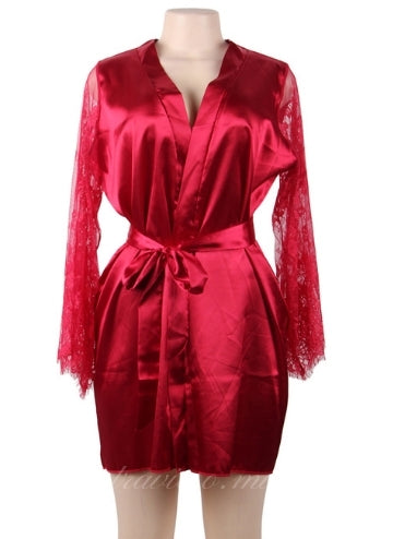 Wine Red Satin Lace Kimono