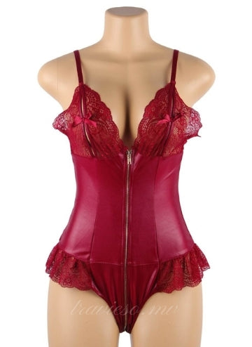 Sexy Red Lace Leather Zipper Teddy