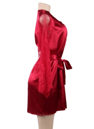 Wine Red Satin Lace Kimono