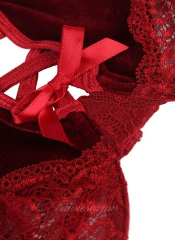 Sexy Red Velvet Gartered Lingerie With Underwire