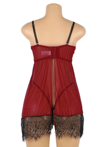 Sexy Eyelash Back split Babydoll Set With Underwire
