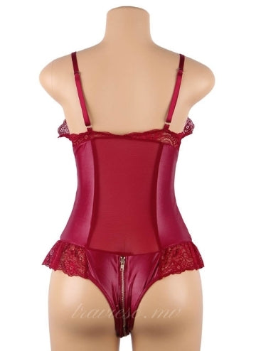 Sexy Red Lace Leather Zipper Teddy