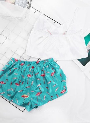 Flamingo Print Satin Pajama with Green Short