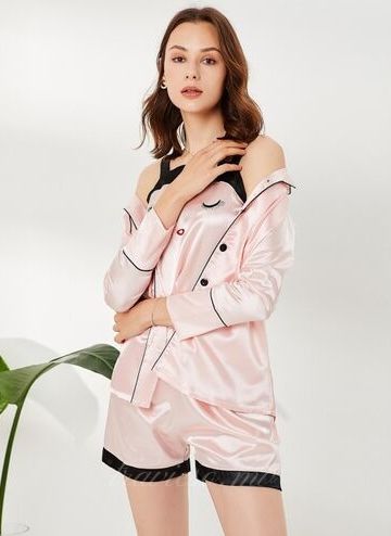 Pink Lapel Silk 3 Pcs Sleepwear