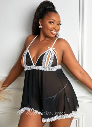 Black Lace Sheer Patch Cut Out Babydoll