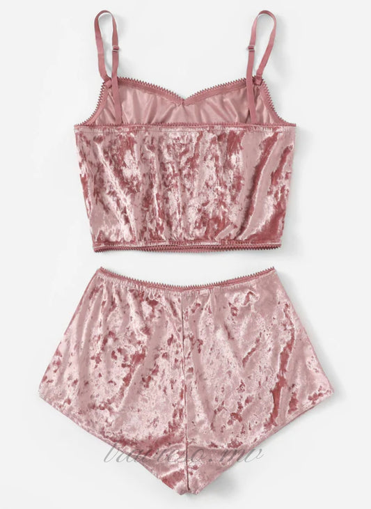 Bow Detail Velvet Cami Pajama Set