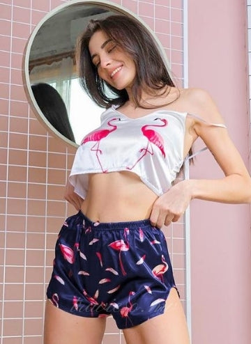 Flamingo Print Satin Pajama with Blue Short