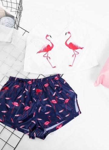 Flamingo Print Satin Pajama with Blue Short