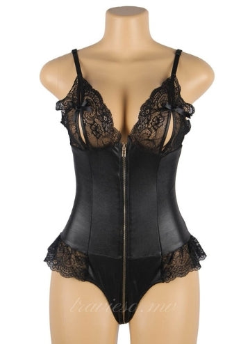Sexy Lace Leather Zipper Teddy