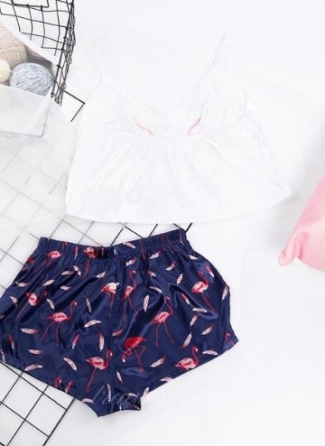 Flamingo Print Satin Pajama with Blue Short