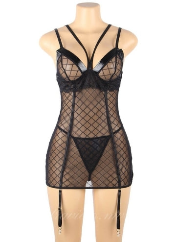 Black Perspective Lace Check Gartered Lingerie
