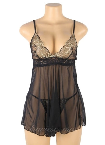 Black See-through Embroidery Babydoll