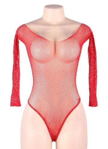 Red Long Sleeve Fishnet Off-the-shoulder Sparkle Bodysuit
