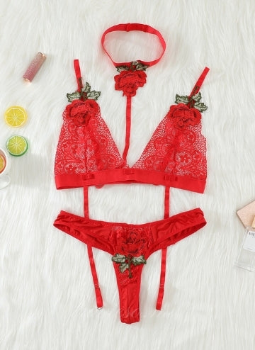 Red Floral Lace Strappy Bralette Set