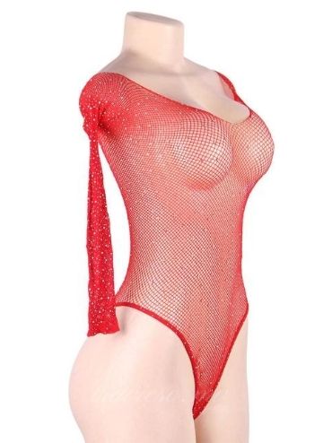 Red Long Sleeve Fishnet Off-the-shoulder Sparkle Bodysuit
