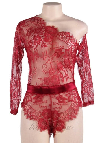Red Lace Off-the-shoulder Long Sleeve Teddy