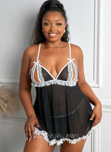 Black Lace Sheer Patch Cut Out Babydoll