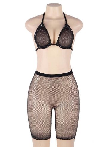 Black Fishnet Rhinestone Bikini Top and Shorts Set