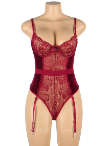 Red  Lace And Velour Stitching Teddy With Underwire