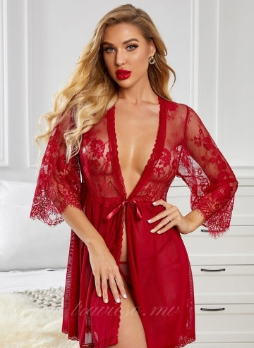 Red Romantic  Mesh Robe with Thong