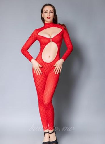 Red Diamond mesh long sleeve slinky catsuit