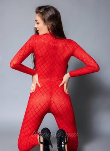 Red Diamond mesh long sleeve slinky catsuit