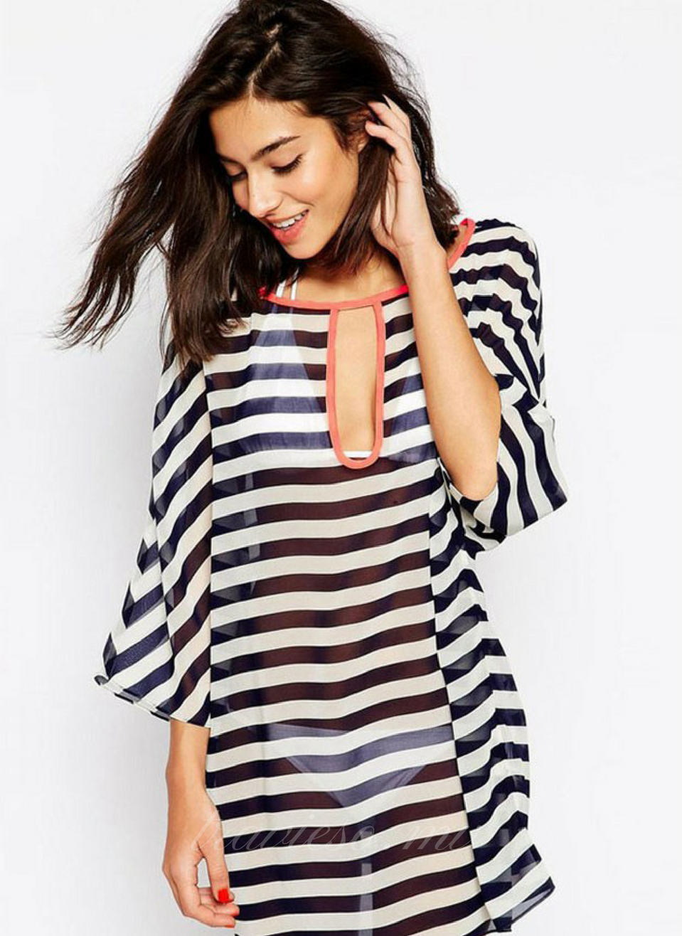 Kimono Sleeve Chiffon Striped Beachwear - travieso.mv