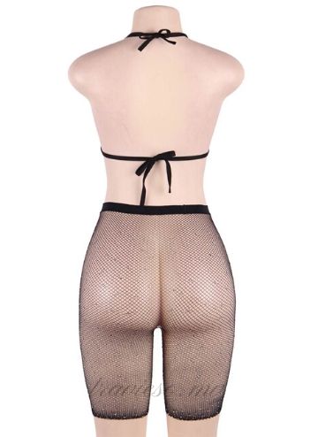 Black Fishnet Rhinestone Bikini Top and Shorts Set