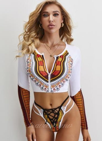 White Pattern Print Lace-up Swimsuit