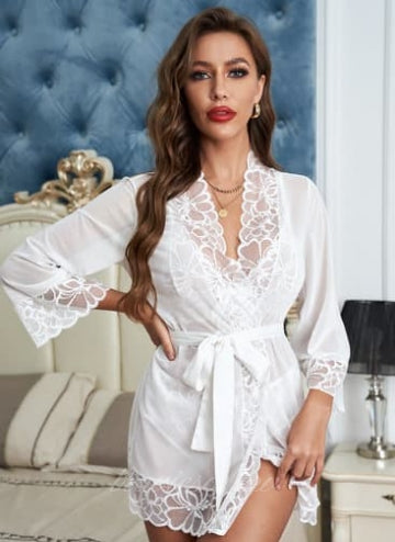 3pcs White Sheer Lace and Bow Robe Set