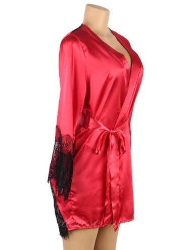 Red Silk Satin Lace Back Hollow Kimono