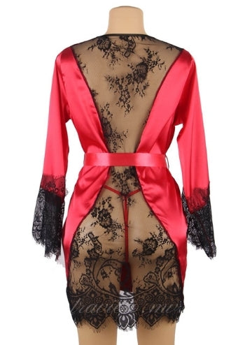 Red Silk Satin Lace Back Hollow Kimono
