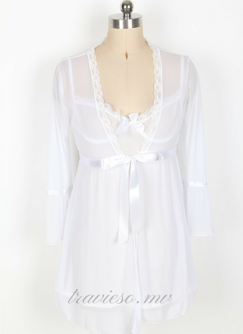 Mesh Bell Sleeve Robe And Babydoll Set - travieso.mv