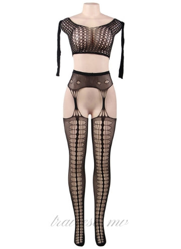 Long Sleeve Split Fishnet BodyStocking