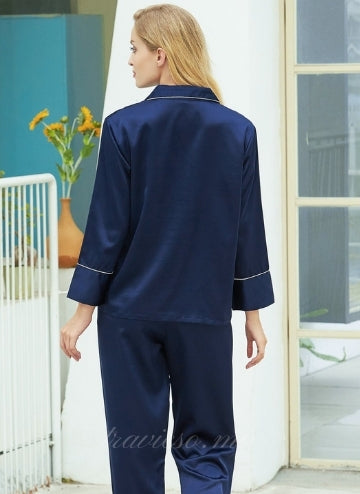 Navy Blue Satin Pajamas with Ankle-Length Pants
