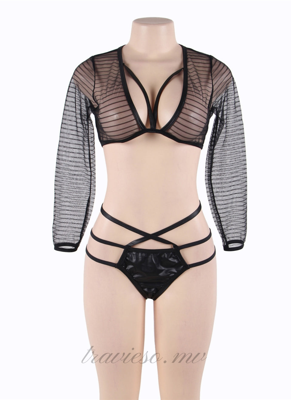 Striped Lace Long Sleeve Bra Set