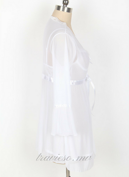 Mesh Bell Sleeve Robe And Babydoll Set - travieso.mv