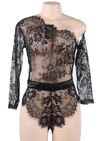 Black Lace Off-the-shoulder Long Sleeve Teddy